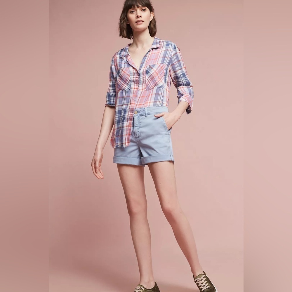 Anthropologie Cloth & Stone Western Frayed Plaid Buttondown Red and Blue Small - Picture 3 of 13